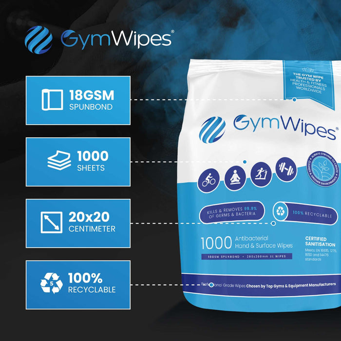 4x1000 Sheet Gym Wipes® Antibacterial Hand and Surface Wipes