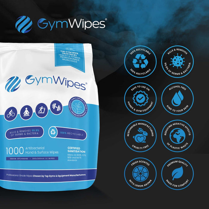 4x1000 Sheet Gym Wipes antibacterial hand and surface wipes recyclable eco-friendly refill pack