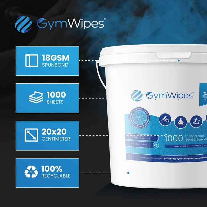 1000ct refillable bucket of antibacterial gym wipes for hand and surface cleaning