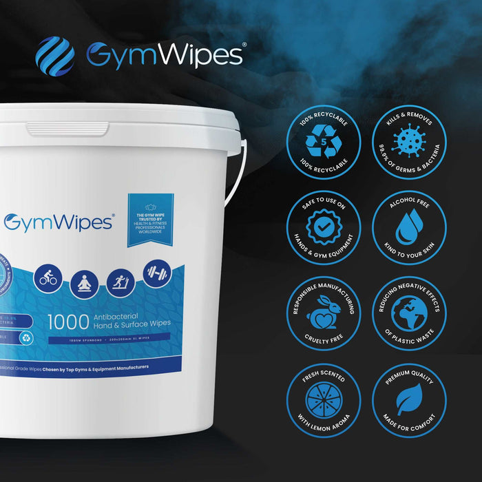 1000ct Refillable Bucket of antibacterial gym wipes for surfaces and hands, recyclable and durable