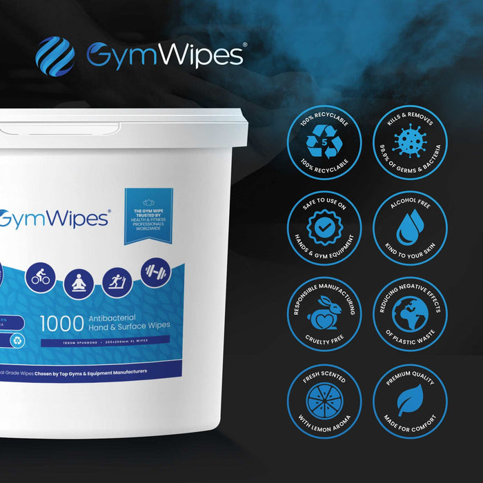 1000ct refillable bucket of Gym Wipes antibacterial hand and surface wipes, 100% recyclable spunbond material, alcohol-free, heavy-duty disinfectant for gym equipment and surfaces