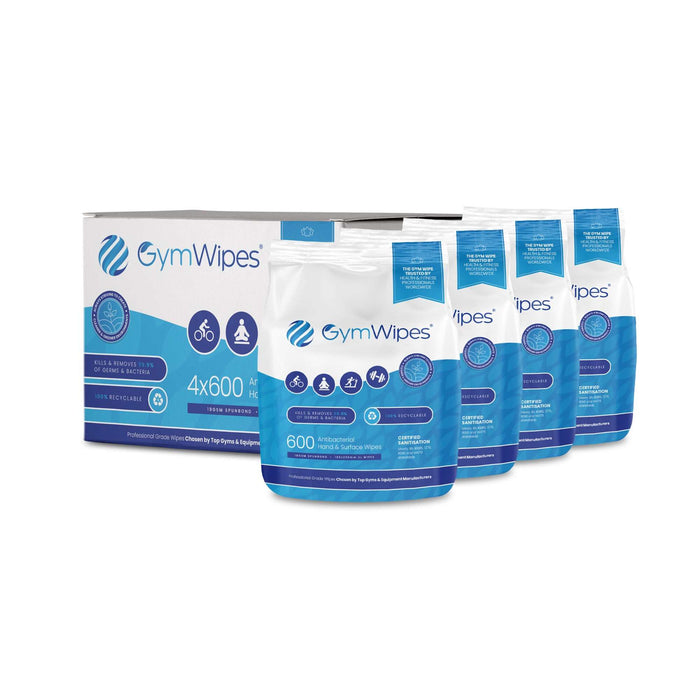 4x600 Sheet Gym Wipes® refill packs antibacterial recyclable gym cleaning wipes for equipment and surfaces