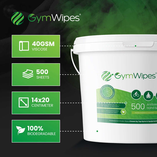 500 Sheet Gym Wipes® antibacterial hand and surface wipes refillable biodegradable bucket for gym cleaning