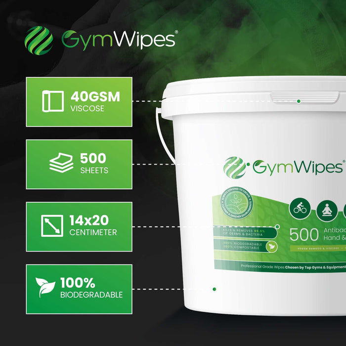 500 Sheet Gym Wipes® antibacterial hand and surface wipes refillable biodegradable bucket for gym cleaning