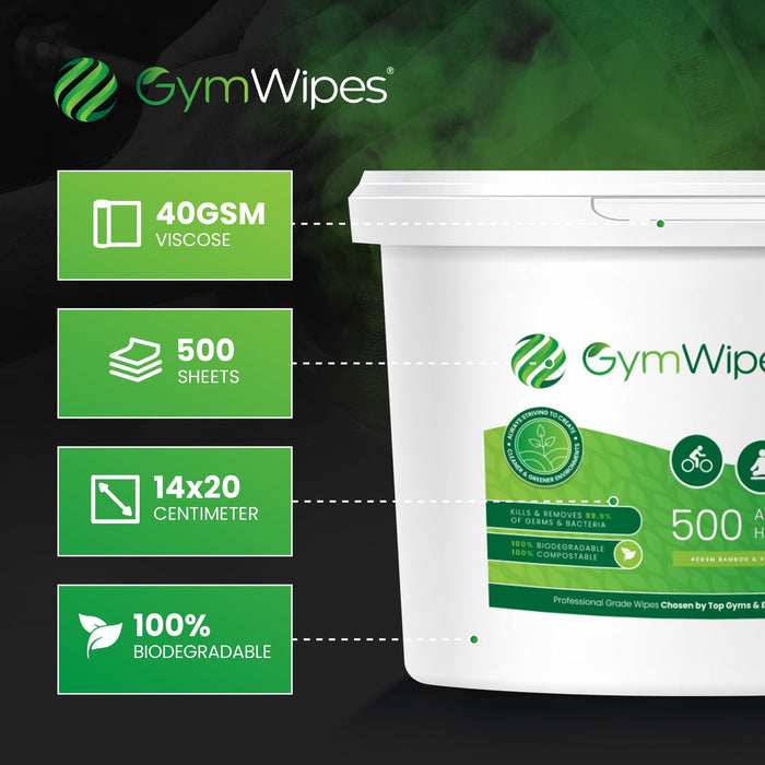 500 sheet biodegradable Gym Wipes antibacterial hand and surface wipes in refillable bucket with 40GSM viscose sheets, 14x20 cm size