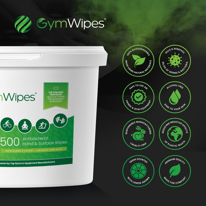 500 sheet biodegradable Gym Wipes® antibacterial hand and surface wipes bucket with lemon aroma, alcohol-free, safe for gym equipment and hands