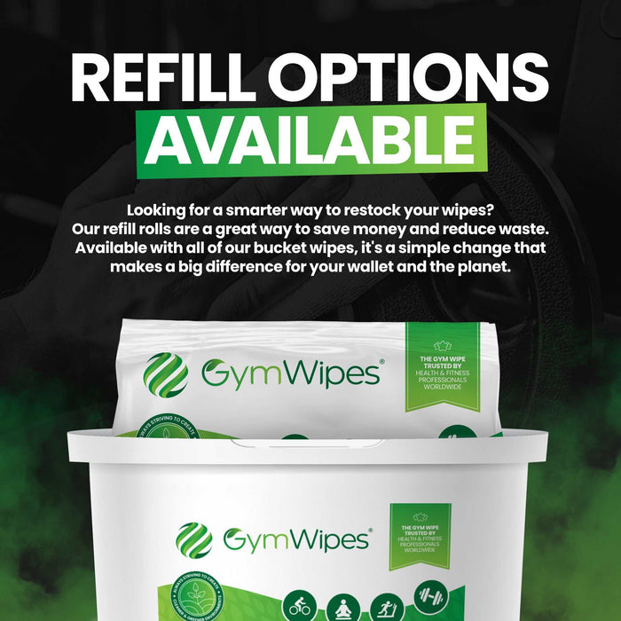Gym Wipes 500ct antibacterial hand and surface wipes in biodegradable refillable bucket with eco-friendly packaging