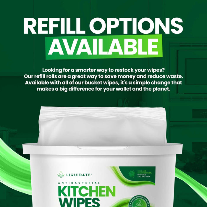 Refillable bucket of 500 sheet antibacterial biodegradable kitchen wipes for hand and surface cleaning