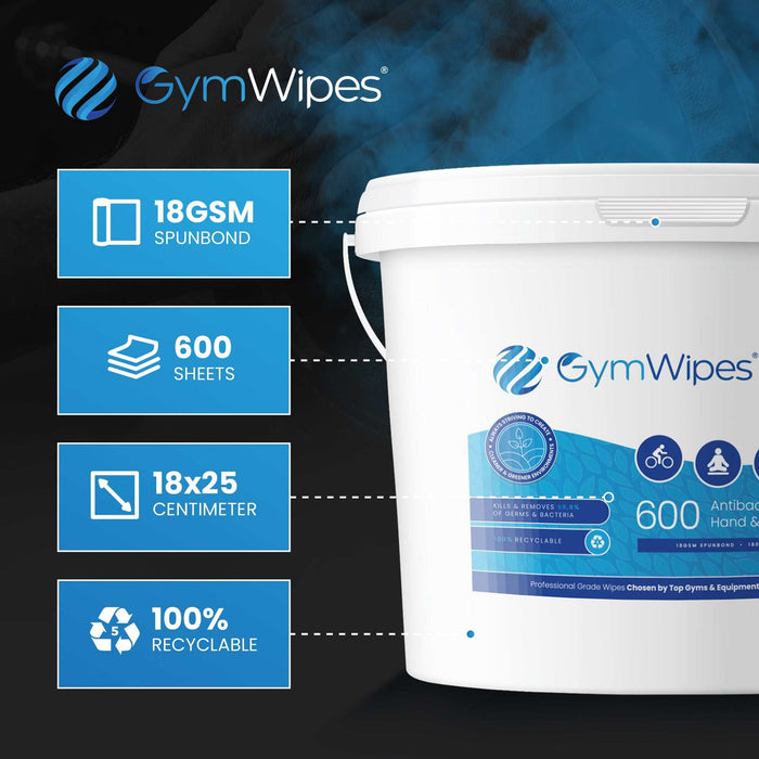 600ct Refillable Bucket of Gym Wipes® antibacterial hand and surface wipes, eco-friendly and durable
