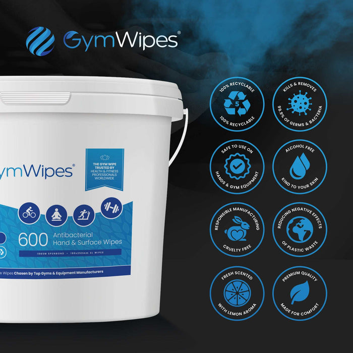 600ct Refillable Bucket of antibacterial gym wipes for surface and hand cleaning