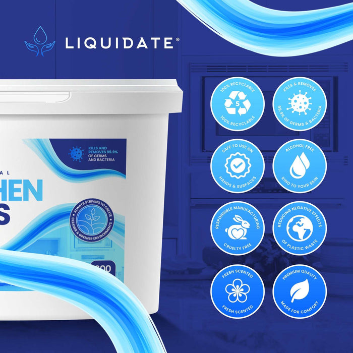 600 Sheet Kitchen Wipes refillable bucket with antibacterial, alcohol-free formula, recyclable spunbond material, and durable large wipes for kitchen surfaces