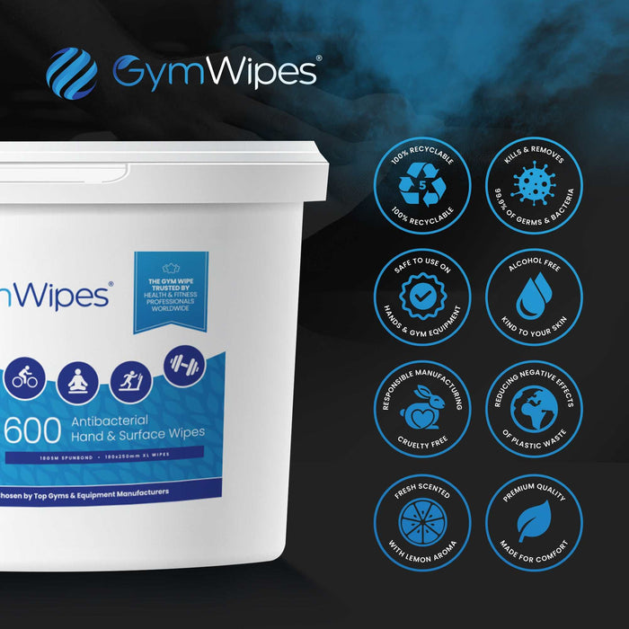 4x600 Sheet Gym Wipes antibacterial hand and surface wipes in a recyclable bucket with heavy-duty, alcohol-free formula for gym equipment cleaning and disinfection