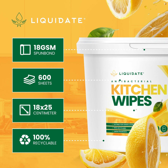 600 Sheet Lemon Fresh Kitchen Wipes antibacterial cleaning refillable bucket with recyclable spunbond material and refreshing lemon scent