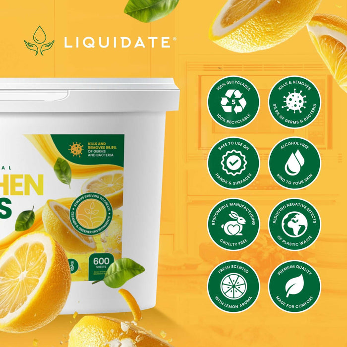 600 Sheet Lemon Fresh Kitchen Wipes antibacterial refillable bucket with recyclable spunbond material and energizing lemon scent for hygienic cleaning