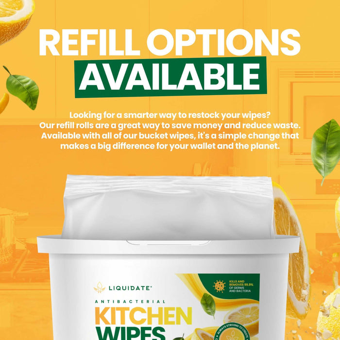 600 Sheet Lemon Fresh Kitchen Wipes antibacterial refillable bucket with lemon scent and eco-friendly packaging