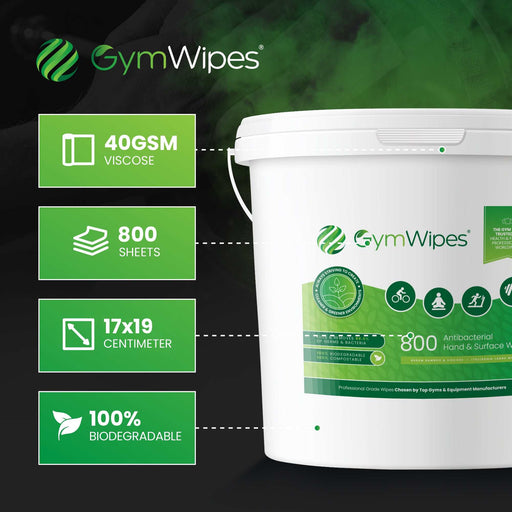 800 Sheet Gym Wipes™ Biodegradable Antibacterial Hand and Surface Wipes in refillable bucket for gym cleaning
