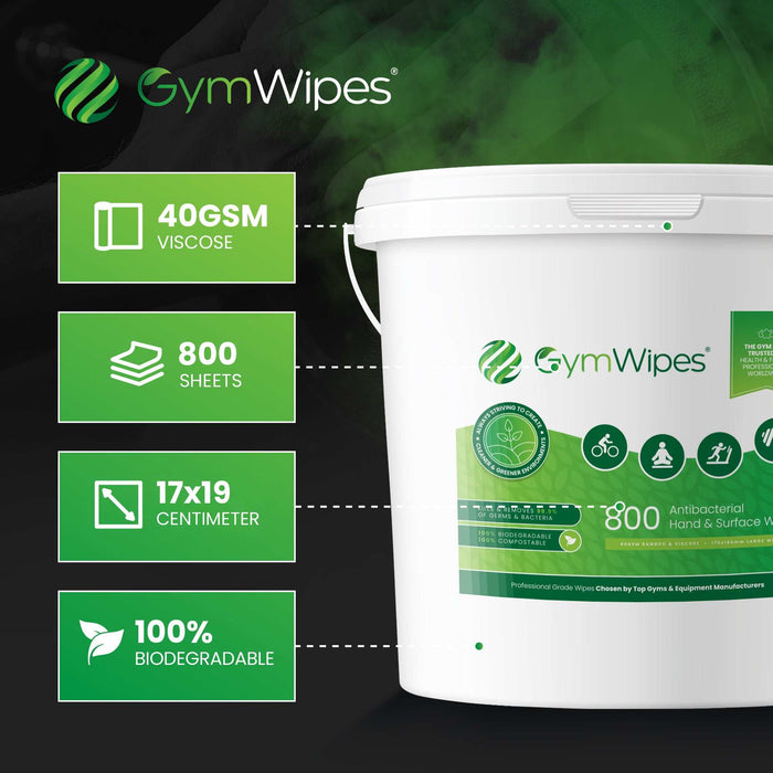 800 Sheet Gym Wipes™ Biodegradable Antibacterial Hand and Surface Wipes in refillable bucket for gym cleaning