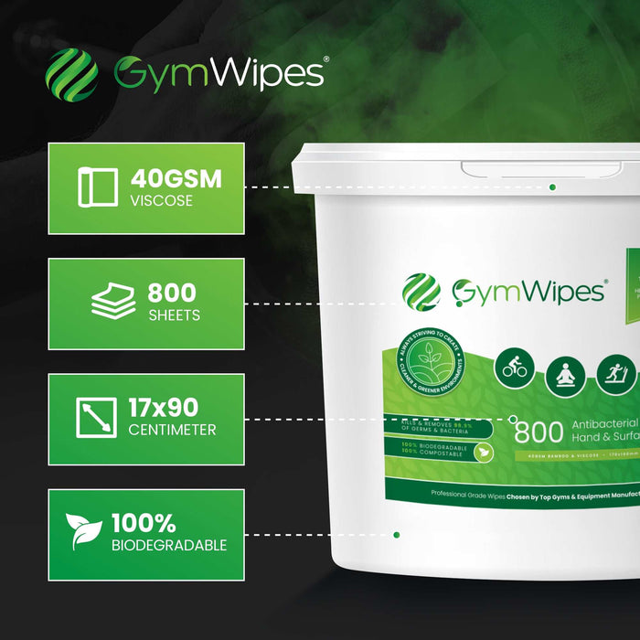 800 Sheet Gym Wipes biodegradable antibacterial hand and surface wipes in refillable bucket for gym cleaning and disinfection