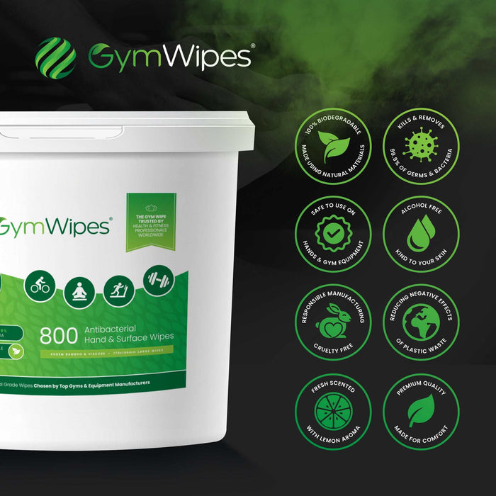 800 Sheet Gym Wipes biodegradable antibacterial hand and surface wipes in refillable bucket with natural ingredients and heavy-duty cleaning power