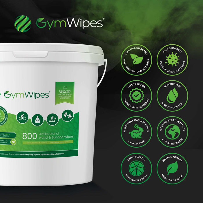 800 Sheet Gym Wipes™ biodegradable antibacterial hand and surface wipes bucket for gym cleaning