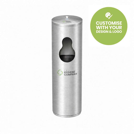 Stainless steel freestanding wet wipes dispenser with built-in waste bin and angled top in brushed silver finish