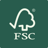 FSC logo on a dark green background, representing sustainable forestry certification.