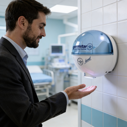 Germstar Touchless Hand Sanitiser Dispenser 946ml in blue and white with motion-activated sensor for touch-free hand sanitizing
