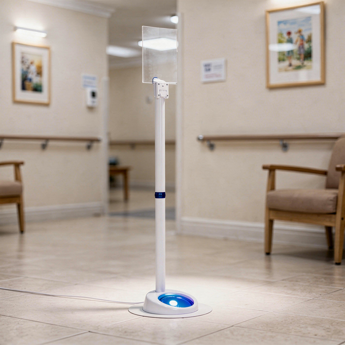 Germstar Premium Floor Stand in white with A4 sign holder and drip tray for hand sanitizer dispenser