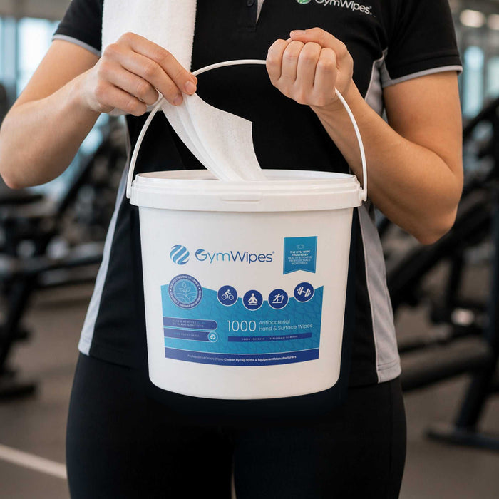 1000ct refillable bucket of antibacterial gym wipes for cleaning and disinfecting surfaces
