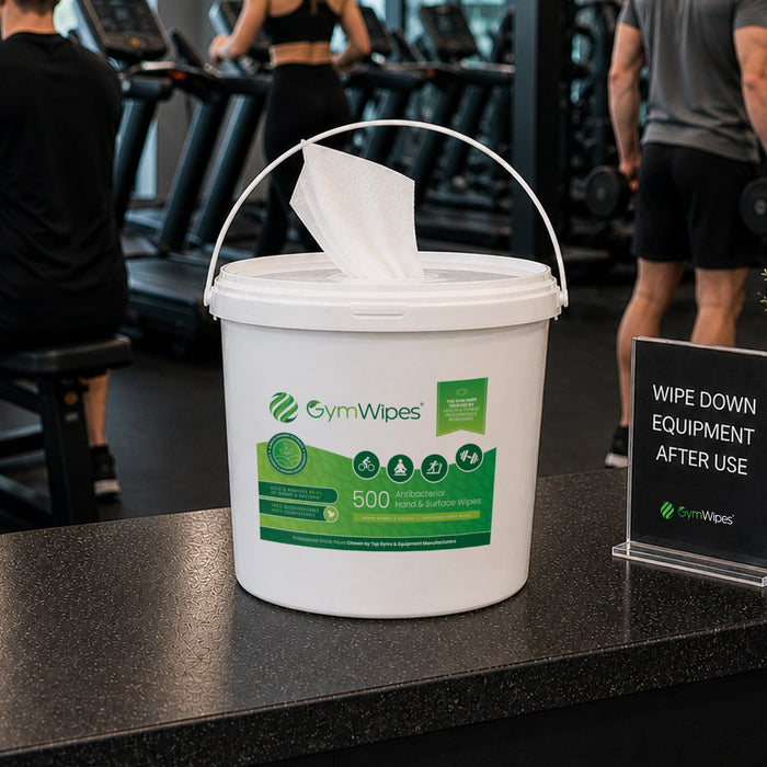500 Sheet Gym Wipes® antibacterial hand and surface wipes bucket, biodegradable and refillable, made from bamboo and viscose, plastic-free and heavy-duty cleaning for gym equipment and surfaces