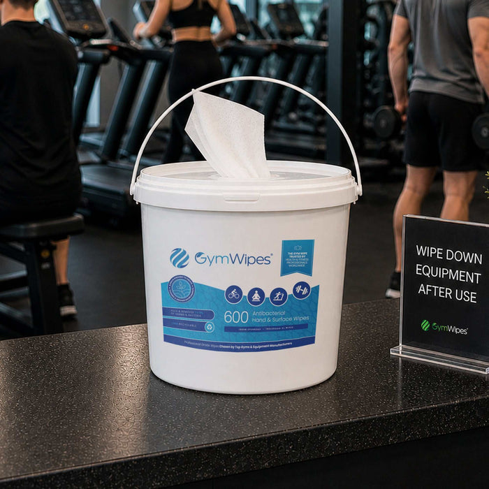 600ct Refillable Bucket of antibacterial 600 Sheet Gym Wipes® for gym surface disinfection and hygiene