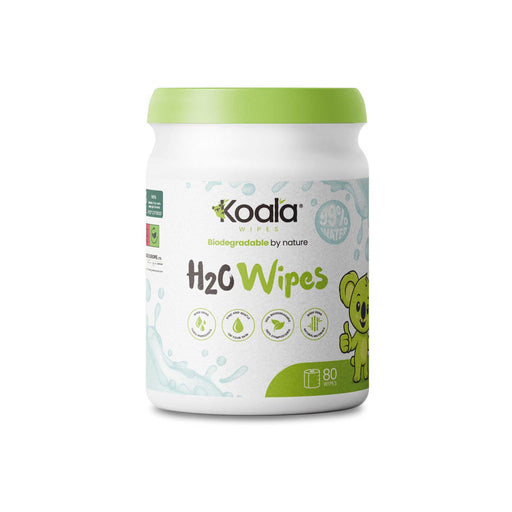 Koala Wipes H2O Wipes biodegradable bamboo body wipes in white tub with green lid, 80 sheets, gentle for sensitive skin and eco-friendly