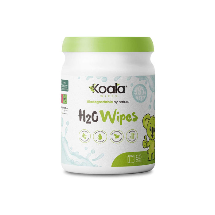 Koala Wipes H2O Wipes biodegradable bamboo body wipes in white tub with green lid, 80 sheets, gentle for sensitive skin and eco-friendly