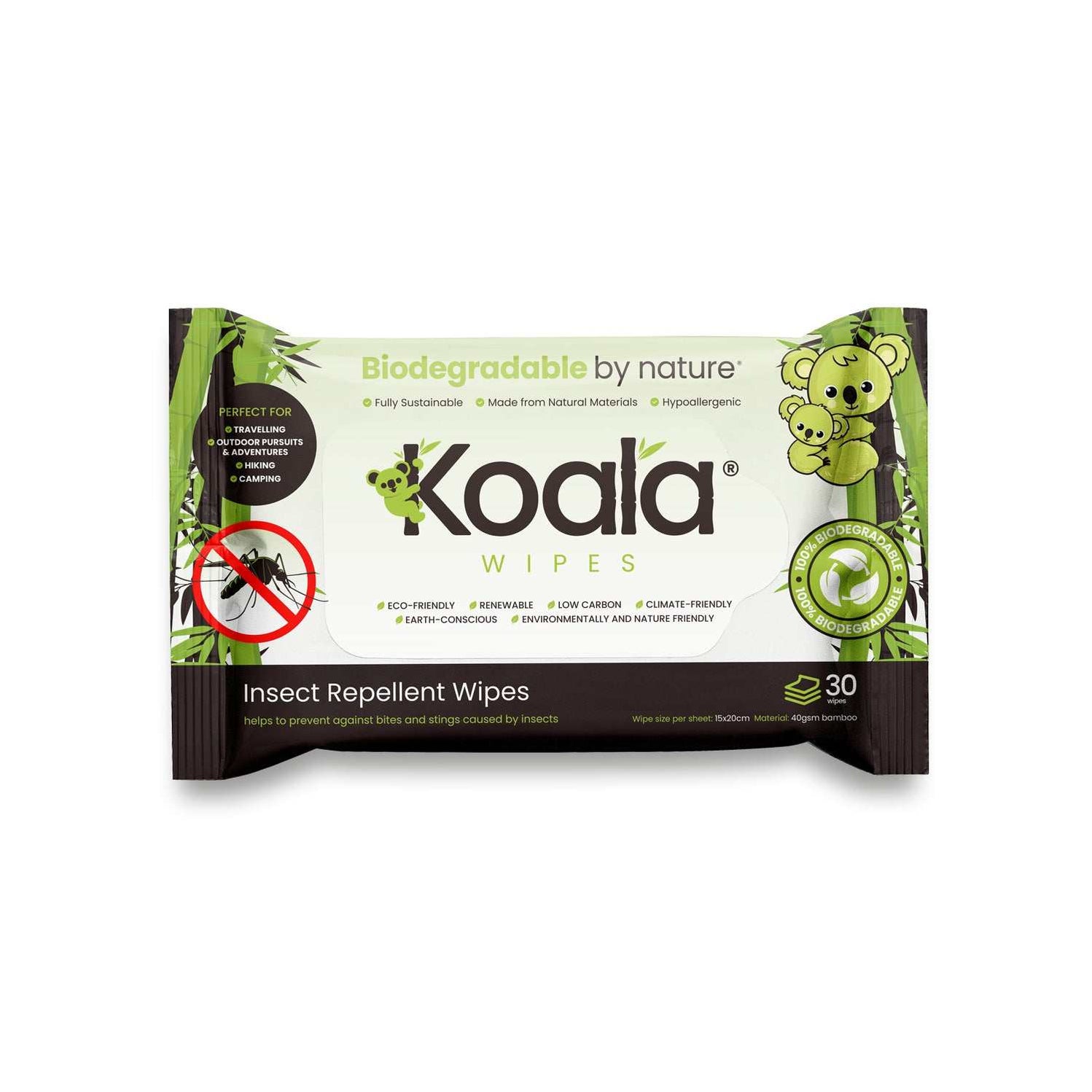 Koala® Biodegradable Insect Repellent Wet Wipes for Safe Protection