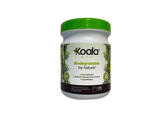 Koala Biodegradable Antibacterial Wipes tub, eco-friendly and gentle cleaning solution, 175 sheets per tub.