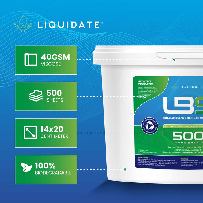 White Liquidate LB9 antibacterial wipes bucket with 500 biodegradable viscose sheets, measuring 14x20 cm each, featuring 40GSM thickness and eco-friendly design