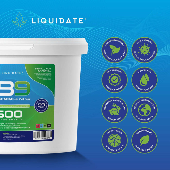 Bucket of Liquidate LB9 antibacterial wipes, 500 biodegradable sheets, alcohol-free, safe for hands and surfaces, kills 99.9% germs, fresh lemon scent.