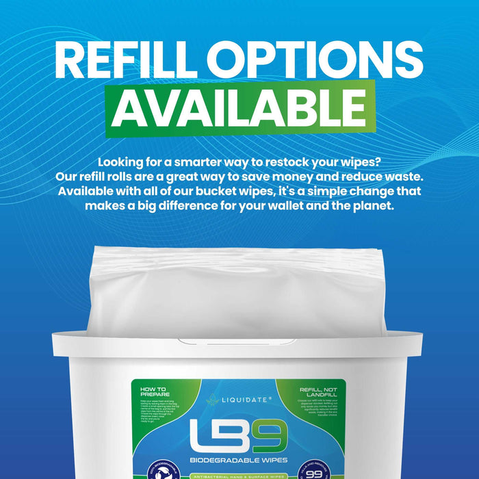 White refill bucket of Liquidate LB9 biodegradable antibacterial wipes with blue and green label on blue background and text about refill options available