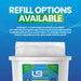 White refill bucket of Liquidate LB9 biodegradable antibacterial wipes with blue and green label on blue background and text about refill options available