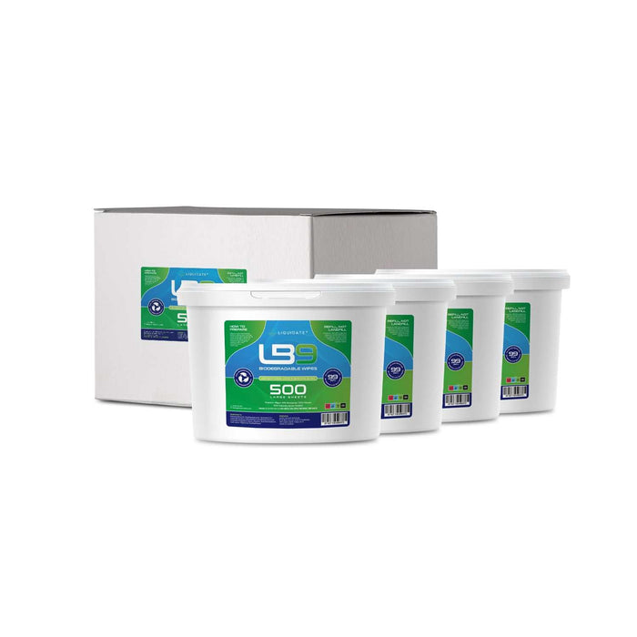 Liquidate LB9 antibacterial wipes 4-pack with 500 sheets each in white refillable buckets, biodegradable and eco-friendly cleaning solution