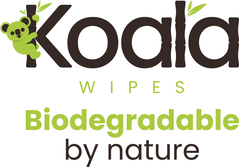 Koala Wipes logo with a green koala illustration and text "Biodegradable by Nature" in green.