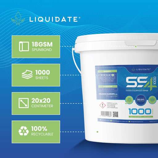 1000 sheet Liquidate SS4 antibacterial hand and surface wipes bucket with recyclable spunbond material and refillable design