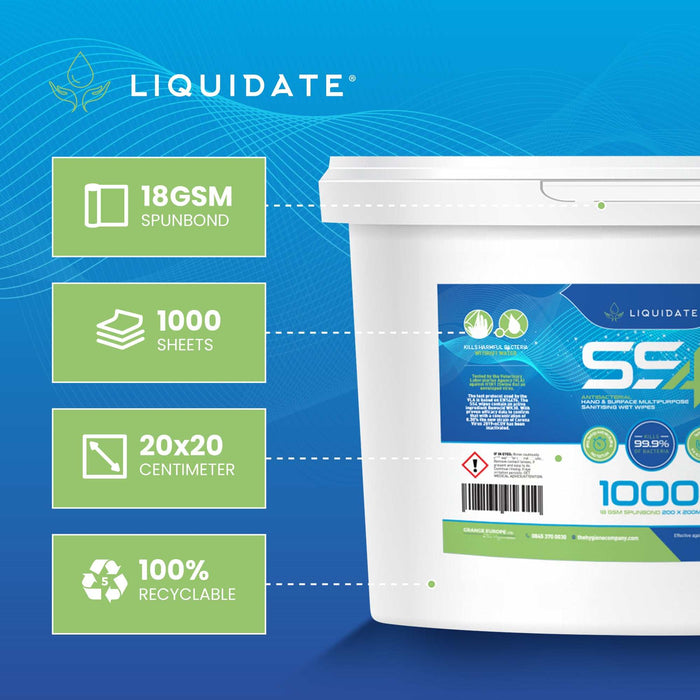 Liquidate SS4 antibacterial hand and surface wipes bucket with 1000 recyclable sheets, 20x20 cm size, 18 GSM spunbond material, alcohol-free formula for effective germ elimination.