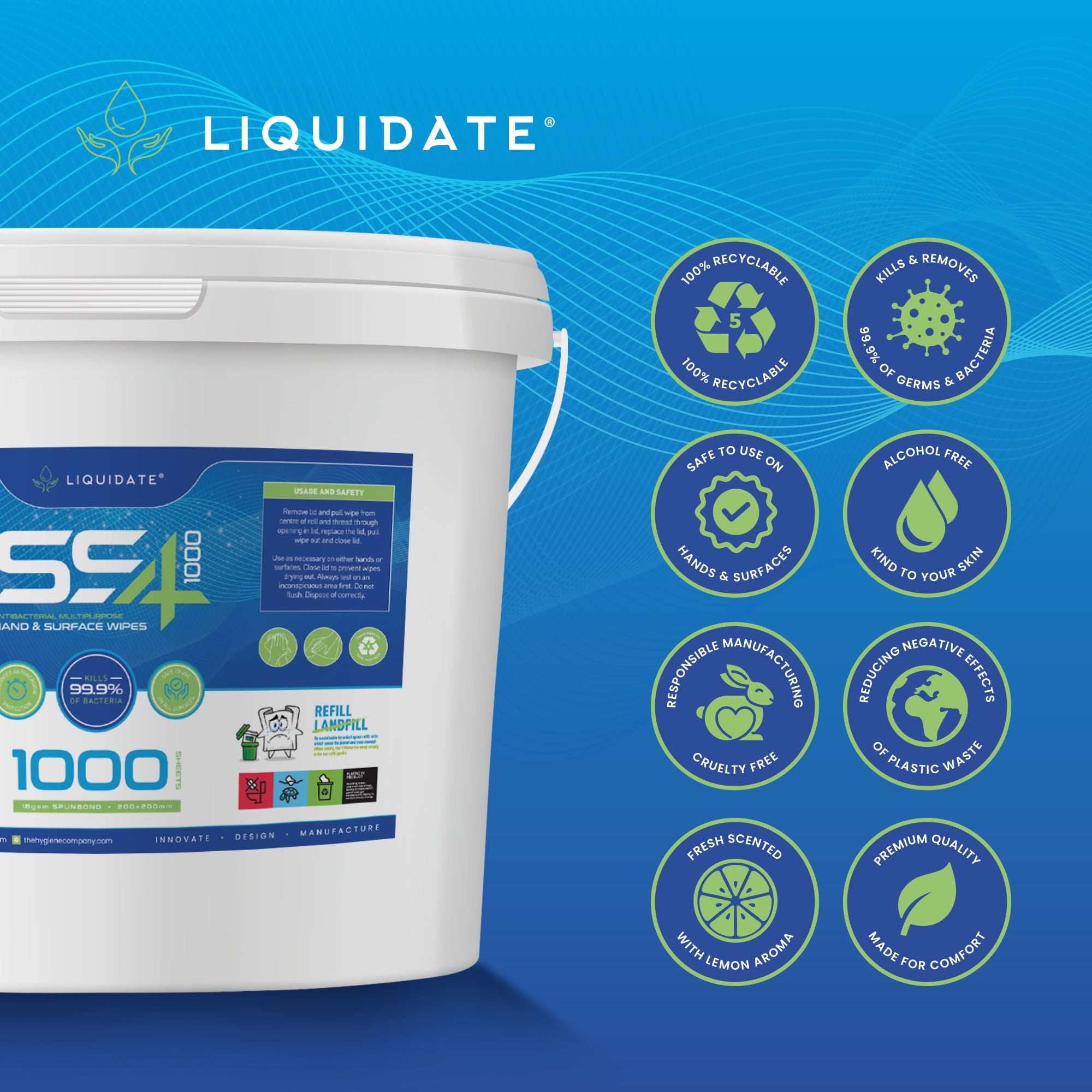 Liquidate SS4 antibacterial hand and surface wipes bucket with 1000 recyclable sheets for hygienic cleaning