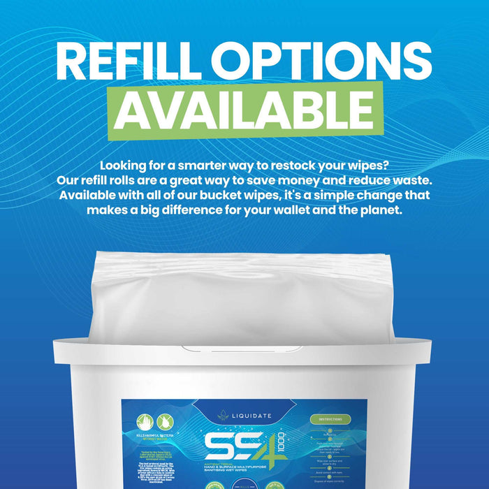 1000 sheet antibacterial Liquidate SS4 wipes refill roll in recyclable bucket for disinfecting surfaces