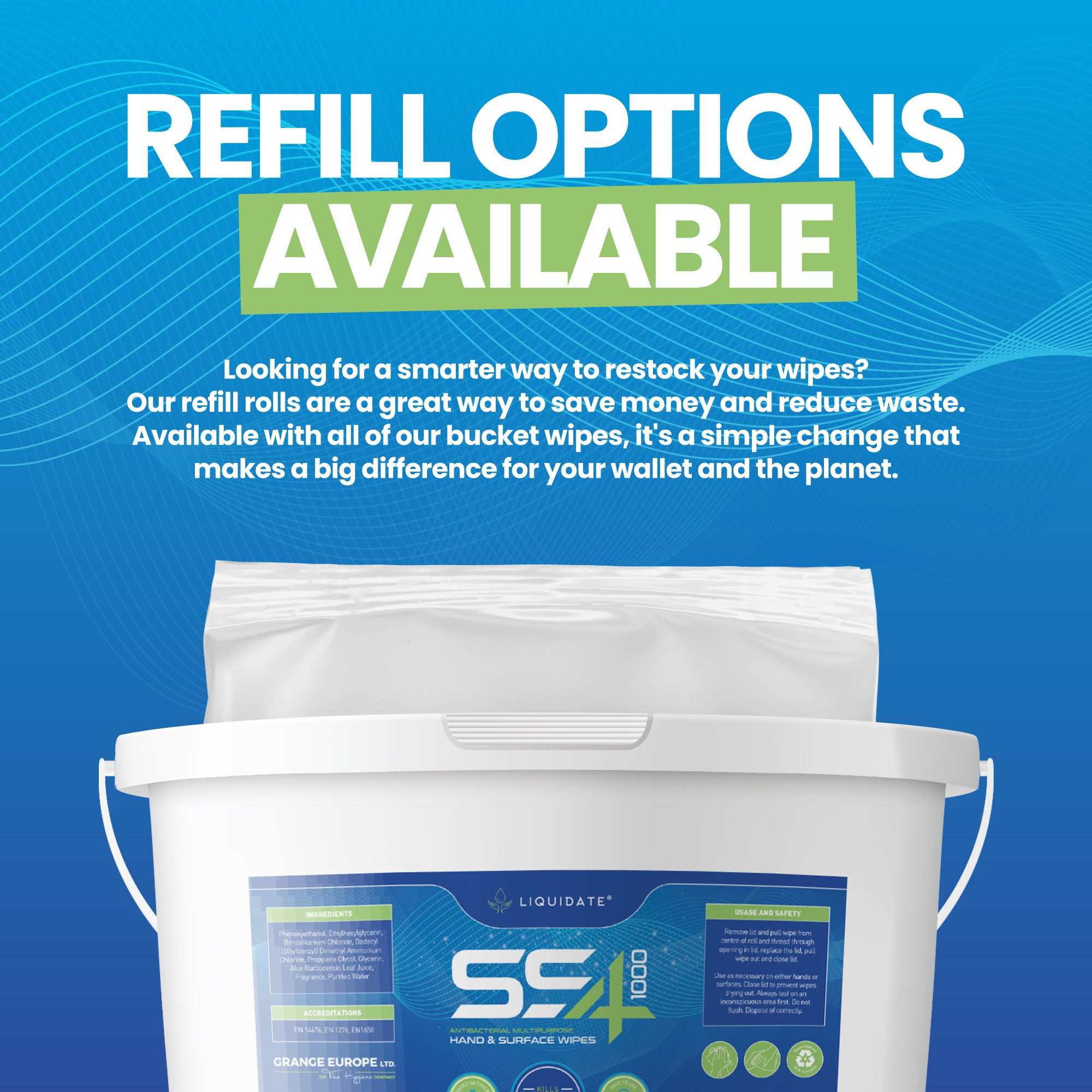 1000 Sheet Liquidate® SS4 antibacterial hand and surface wipes bucket, recyclable spunbond material, alcohol-free formula