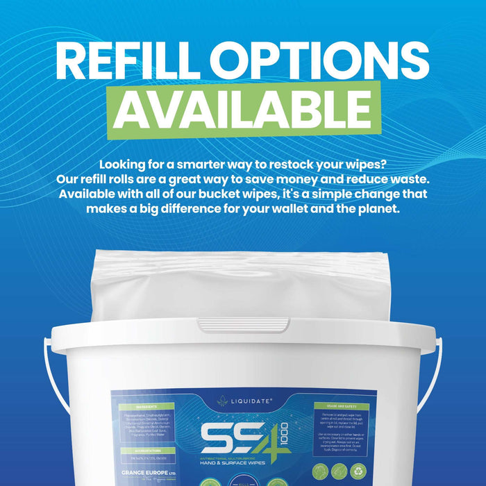 1000 Sheet Liquidate® SS4 antibacterial hand and surface wipes bucket, recyclable spunbond material, alcohol-free formula