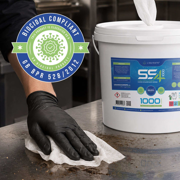 1000 sheet Liquidate SS4 antibacterial hand and surface wipes bucket, recyclable and refillable for hygienic cleaning