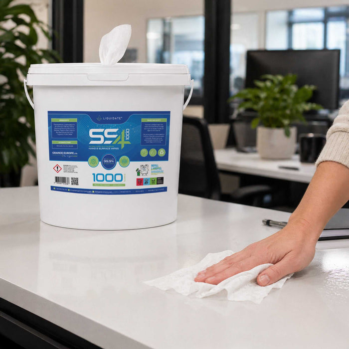 Liquidate SS4 antibacterial hand and surface wipes bucket with 1000 recyclable sheets for multi-purpose cleaning and disinfection
