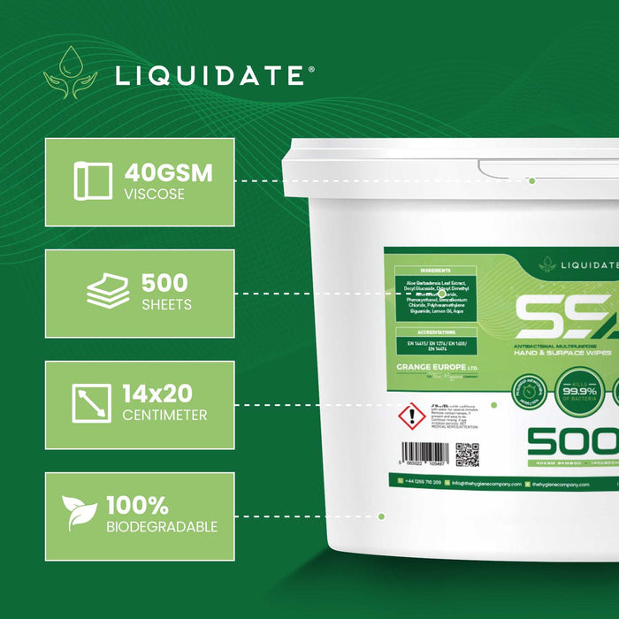 500 Sheet Liquidate® SS4 Antibacterial Hand and Surface Wipes Bucket, Biodegradable